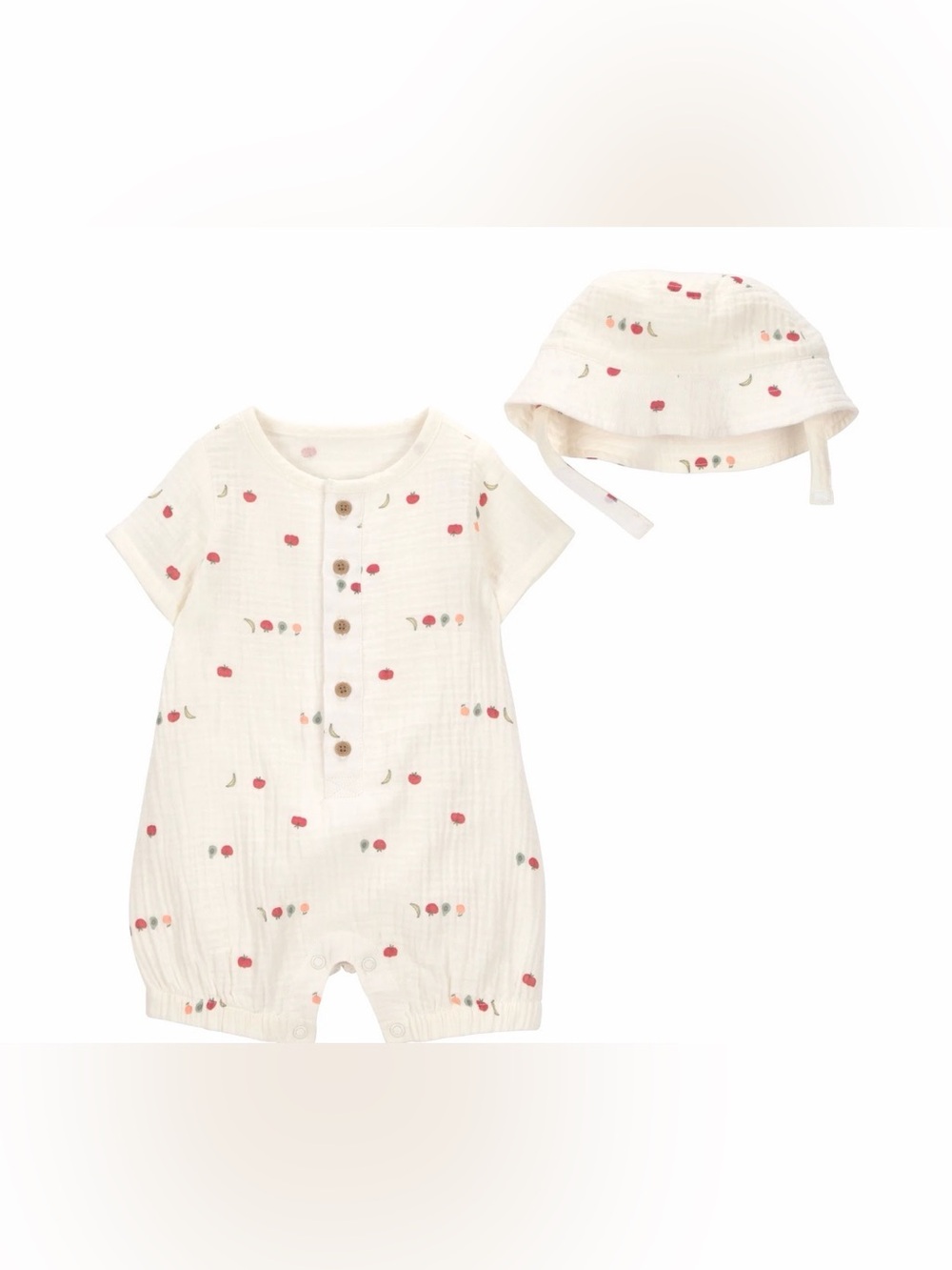 (353)Cream Fruit-Print Kids Pajama Romper with Matching Hat